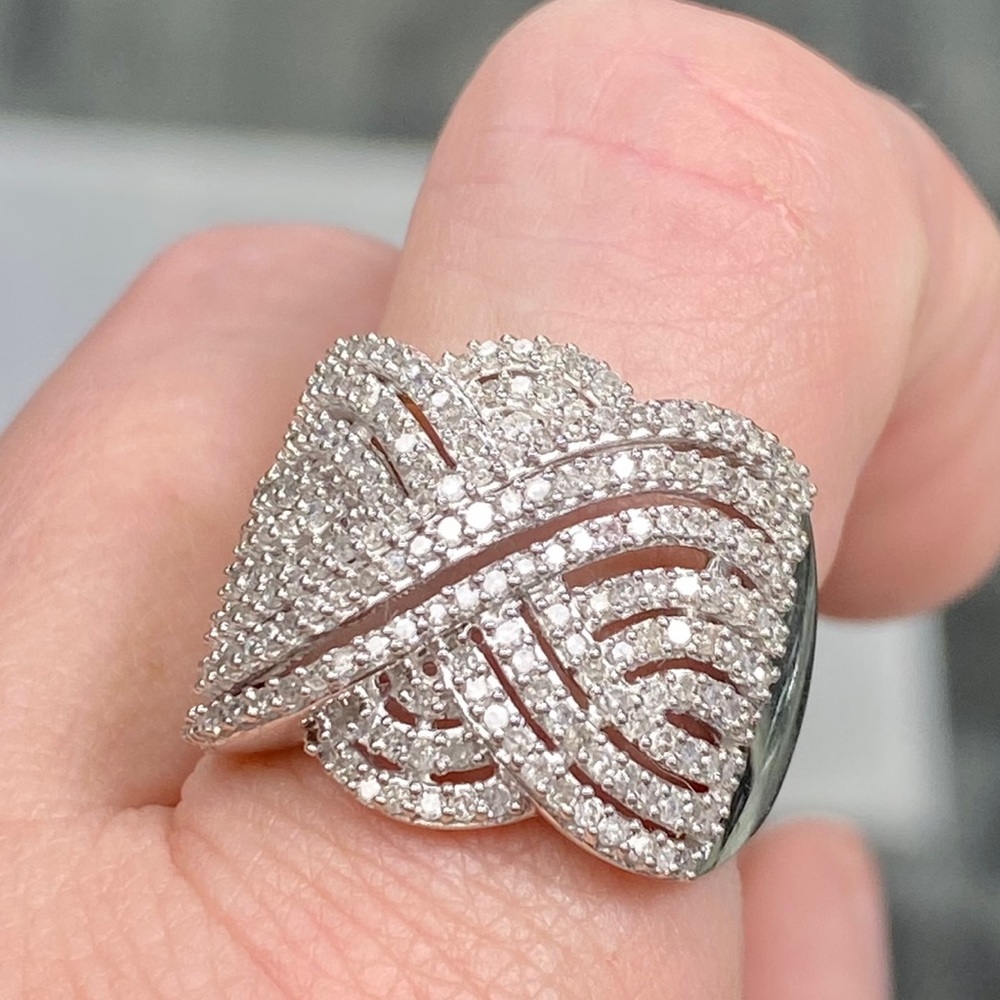Genuine 1 Carat Diamond Cocktail Ring ~ Huge Diamond Cluster Swirl Cigar Band